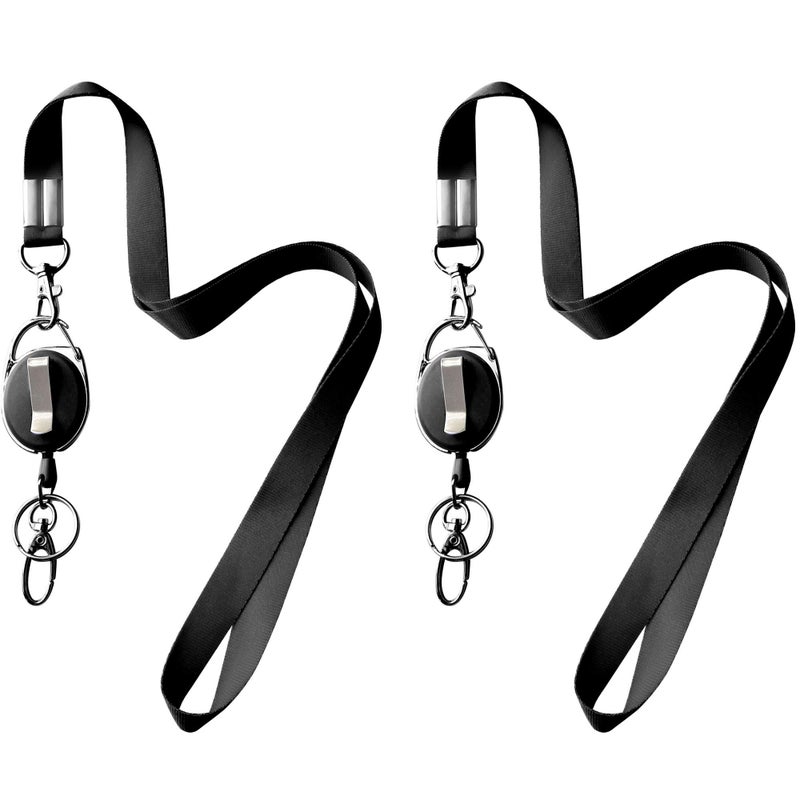 HoAoOo 2 Lanyards + 2 Retractable Badge Reel with Clip and Key Ring for ID Card Holders (Black) - Image 1